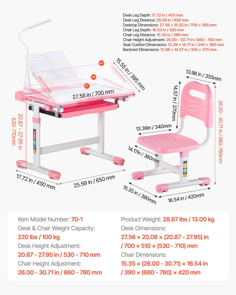 Pink Kids Desk and Chair Set with Adjustable Height and Tilted Desktop