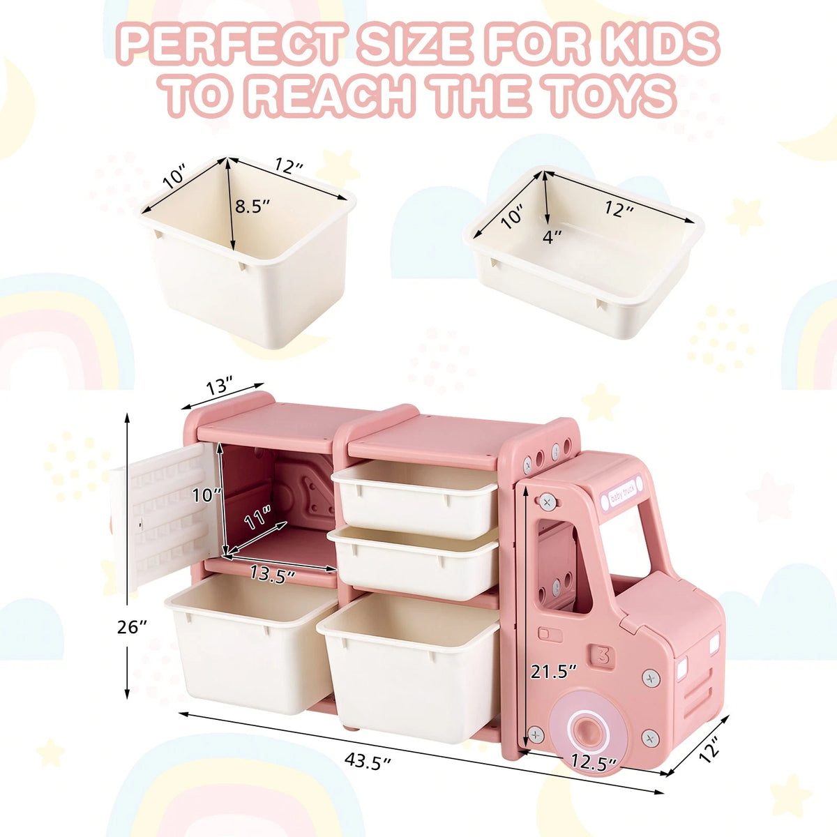 Truck-Themed Kids Toy Organizer with Storage Bins and Drawers Pink