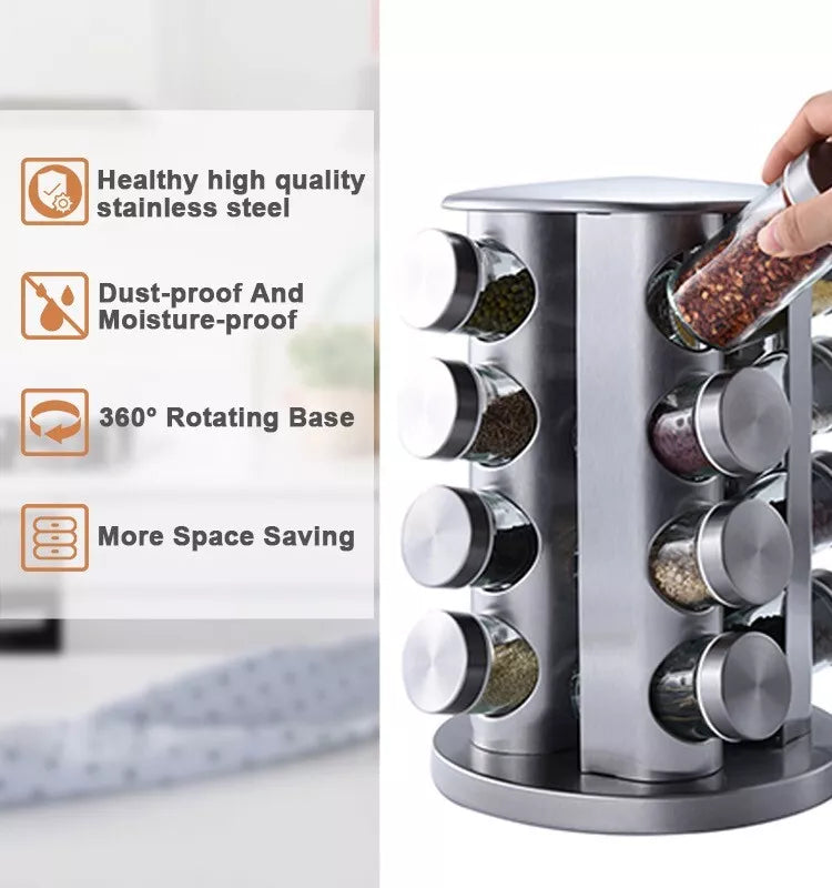 16 Jar Rotating Spice Rack Organizer with Glass Jars and Label Set