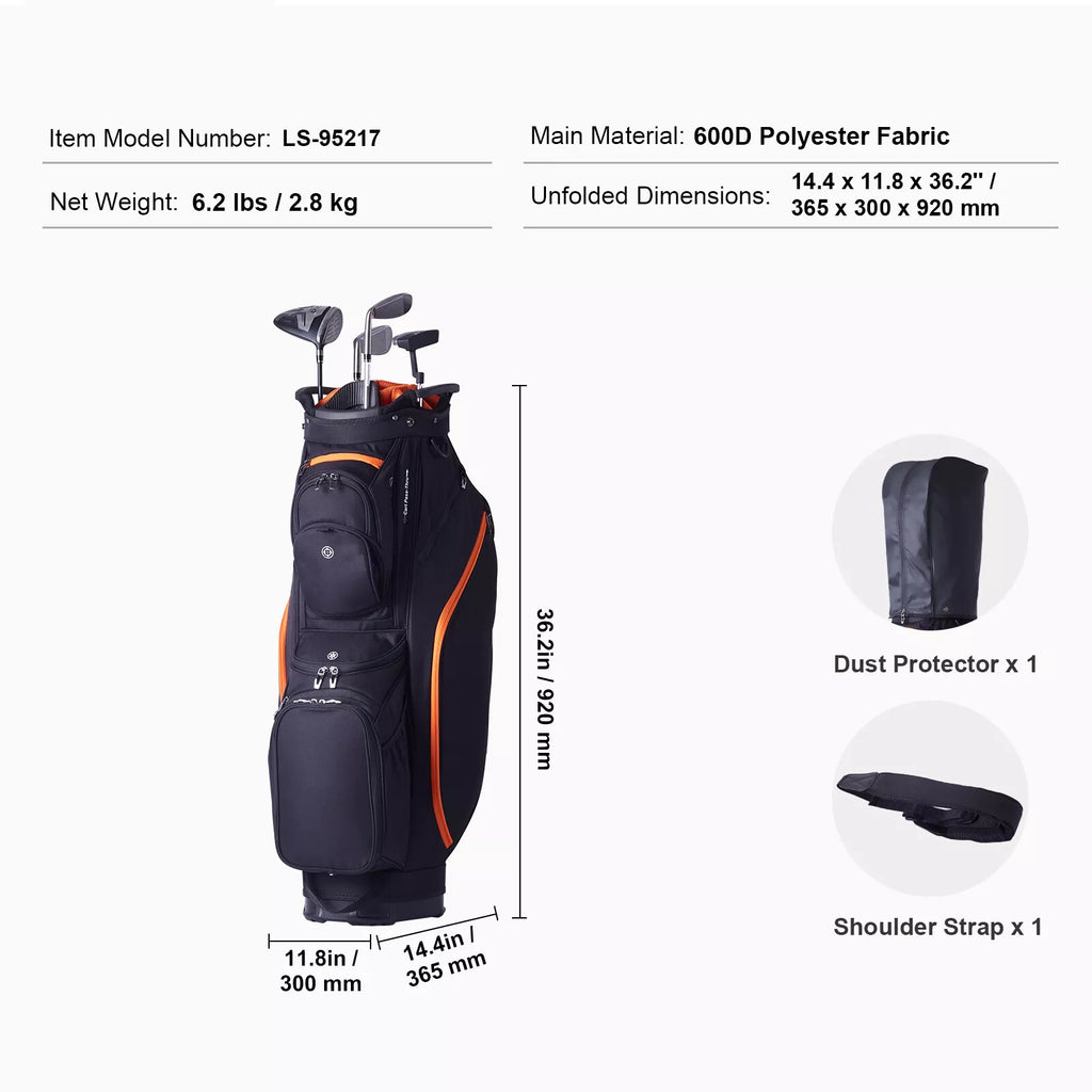 36" Golf Cart Bag with 14-Way Dividers and 13 Storage Pockets Black