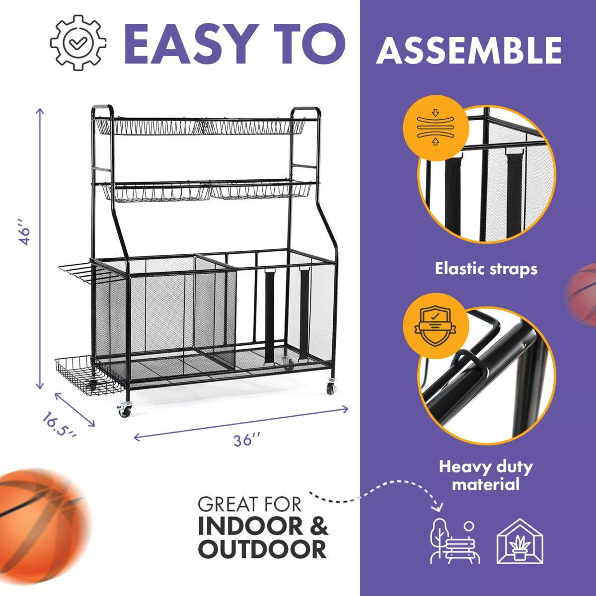 Rolling Sports Rack with Baskets & Ball Storage for Garage or Gym