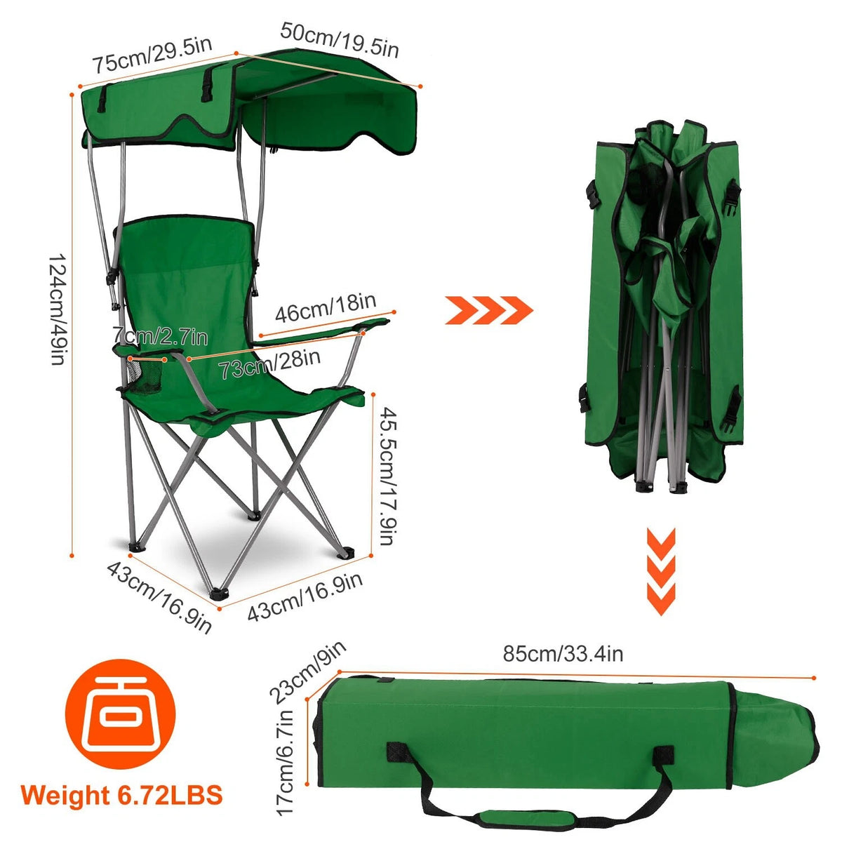 Camping Chair with Sun Shade Canopy & Cup Holder 330lb Portable