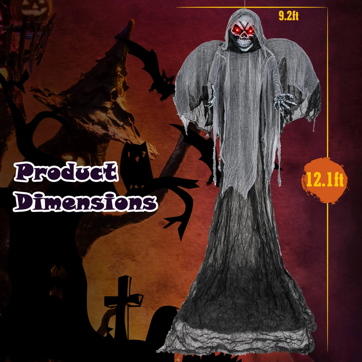 12.1FT Giant Hanging Skeleton Ghost with Sound Effects and Red LED Eyes