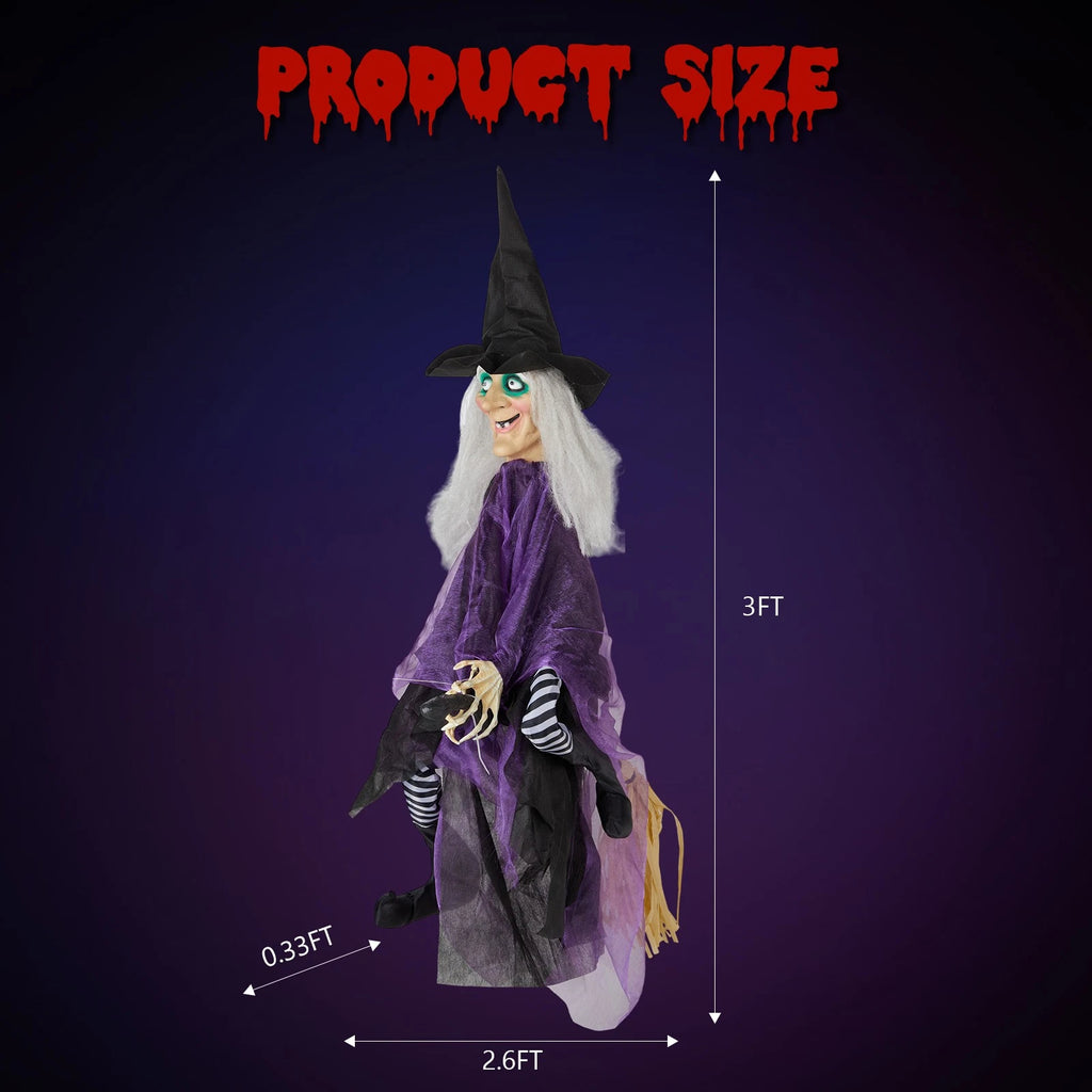 3 FT Animated Talking Witch with Glowing Eyes and Broom Halloween Decor