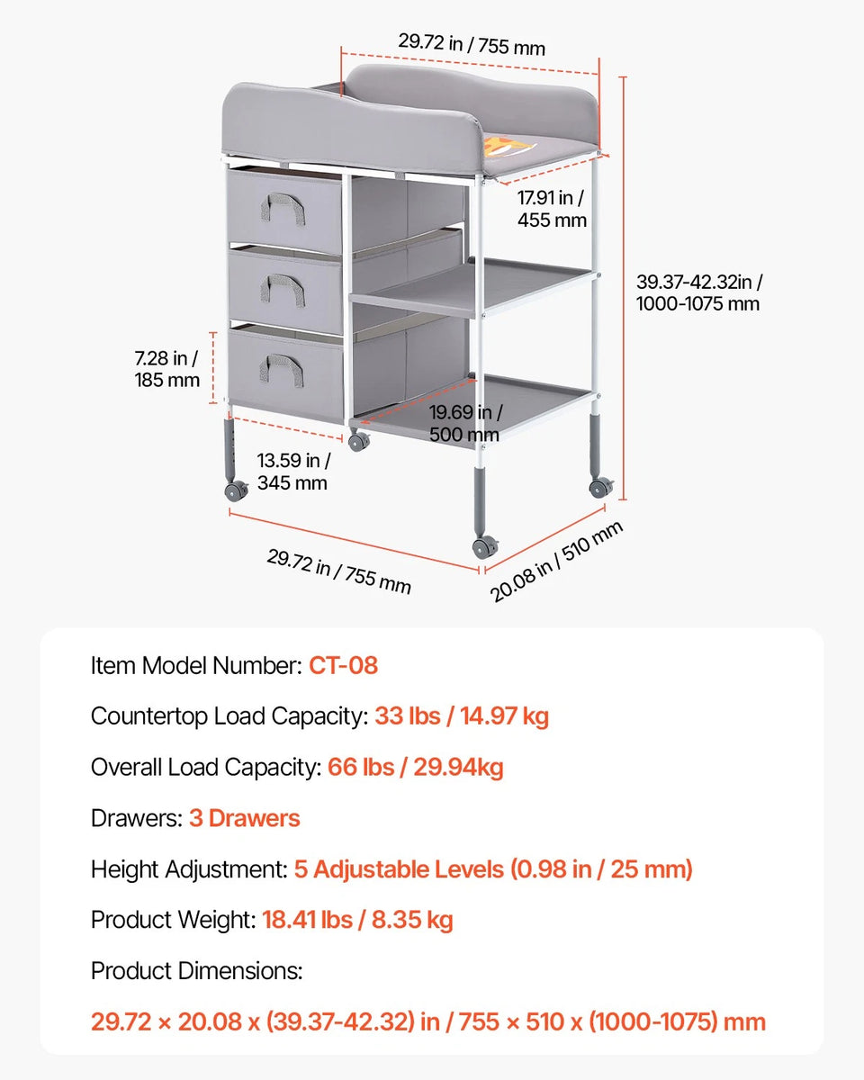 Adjustable Baby Changing Table with Storage Drawers and Wheels