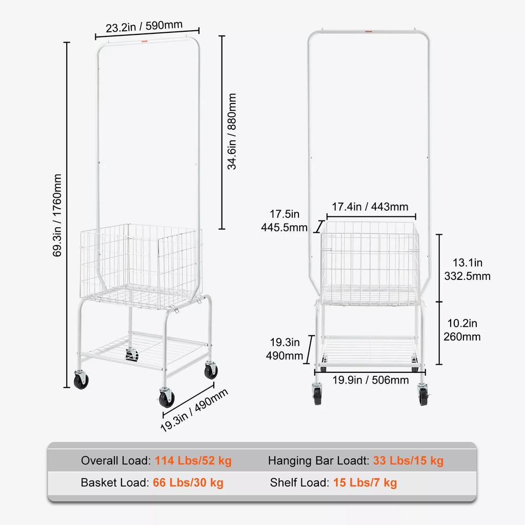 Rolling Laundry Cart Hanging Rack Adjustable Bar Wheels