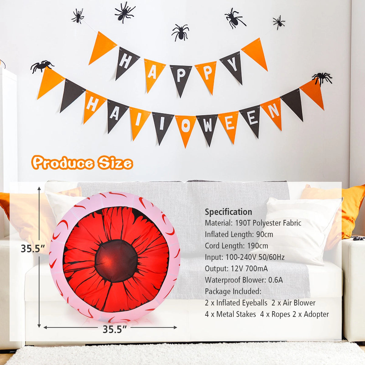 2 Pack 3FT Halloween Inflatable Eyeballs with Red LED Lights & Blower
