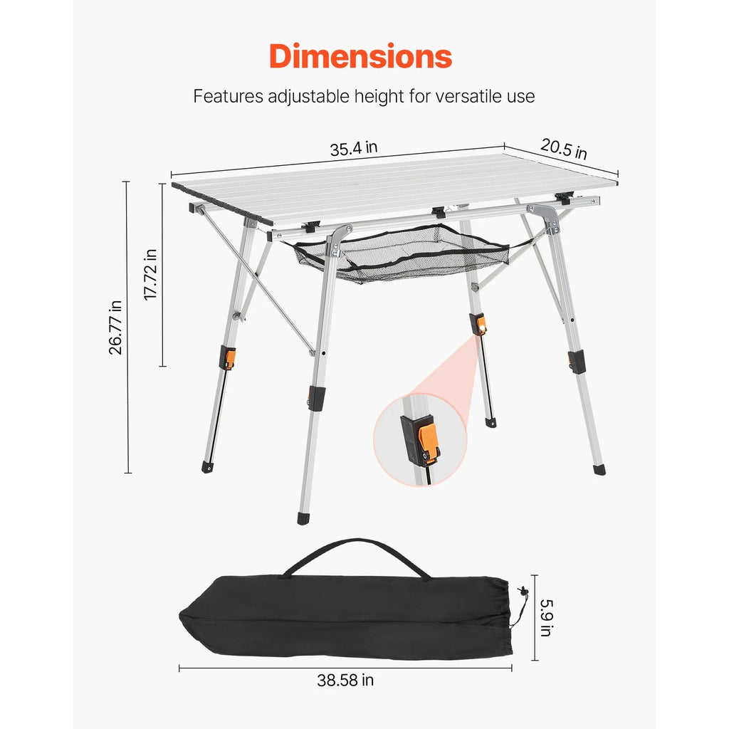 Camping Table Roll Up Top with Storage Mesh Shelf Foldable