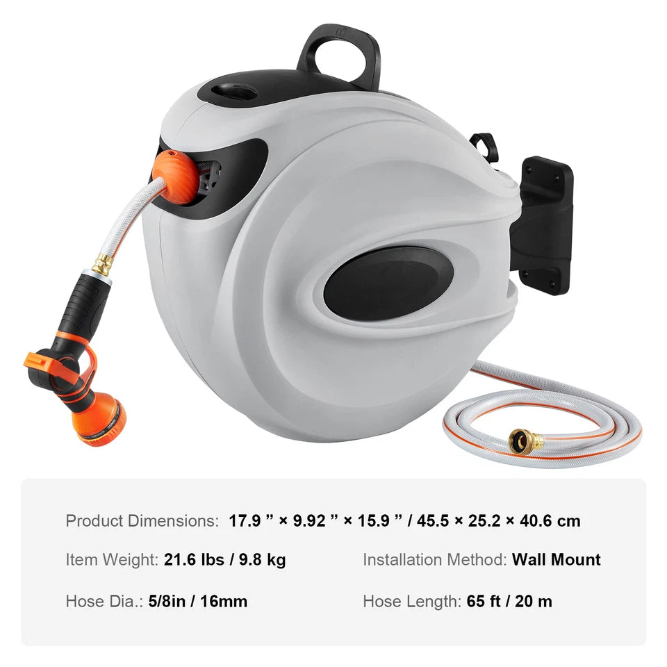 65FT Retractable Garden Hose Reel with Auto Rewind Wall Mount Nozzle