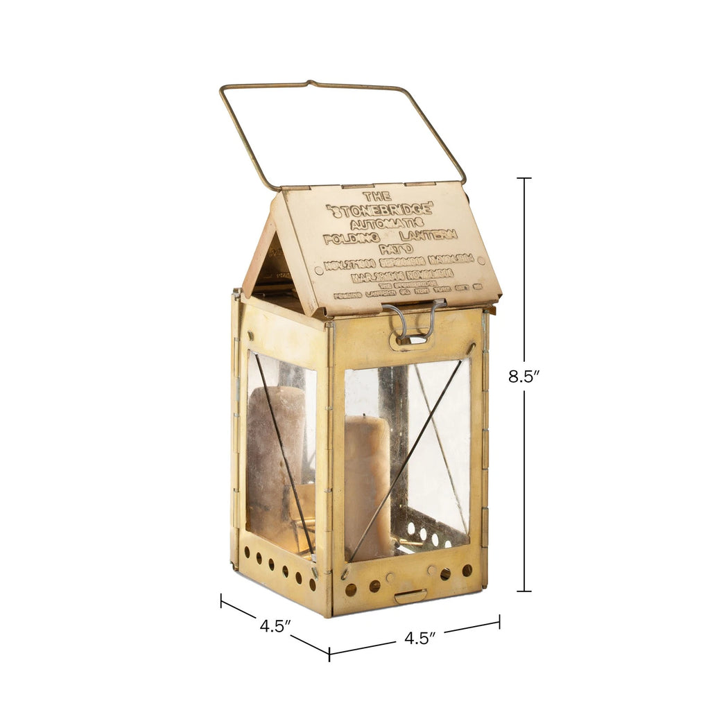 Antique Brass Folding Candle Lantern with Handle Indoor Outdoor Use
