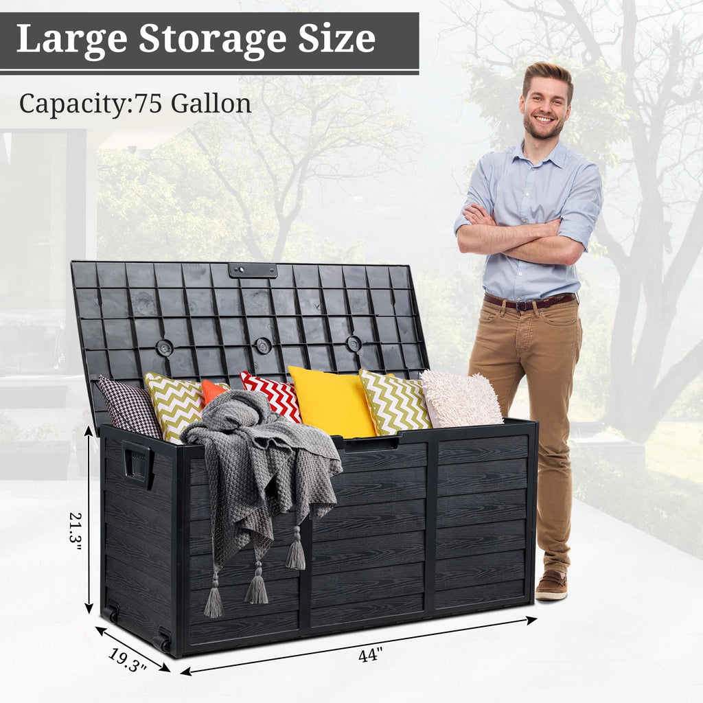 75 Gallon Resin Outdoor Storage Box Rattan Deck Cushion Cabinet Black