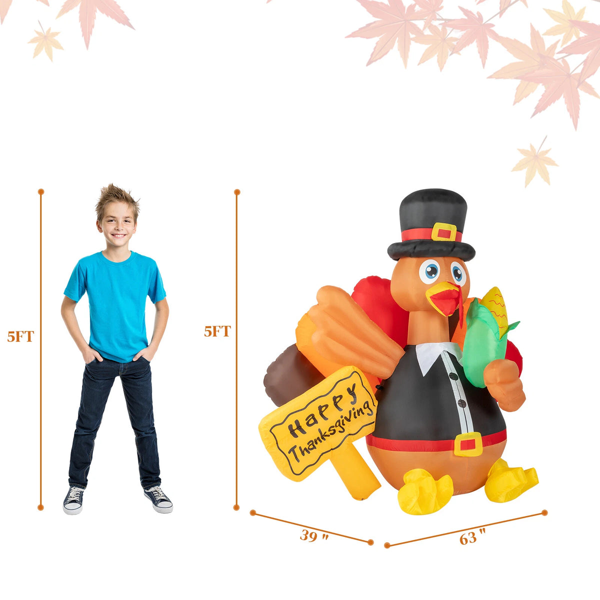 Thanksgiving 5FT Lighted Turkey Inflatable with LED for Yard & Home Décor