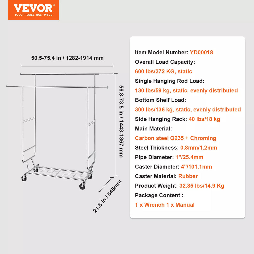 Heavy-Duty Garment Rack Adjustable Double Rods 600 lbs Load