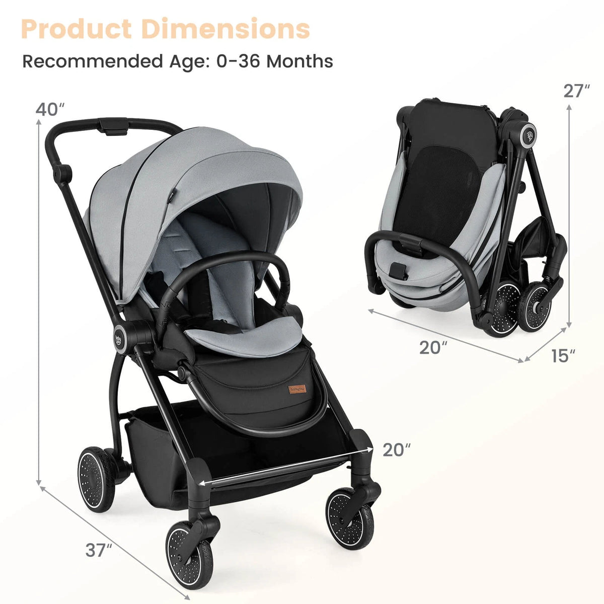 Foldable Baby Stroller with Reclining Backrest & Adjustable Handle