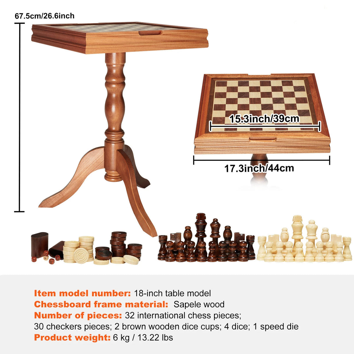 Wooden 3-in-1 Game Table for Chess, Checkers, and Backgammon Play