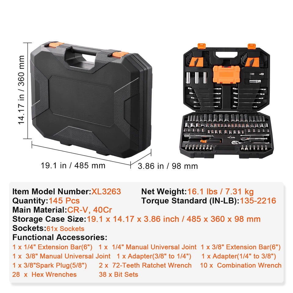 145-Piece SAE & Metric Socket Tool Set with Storage Case