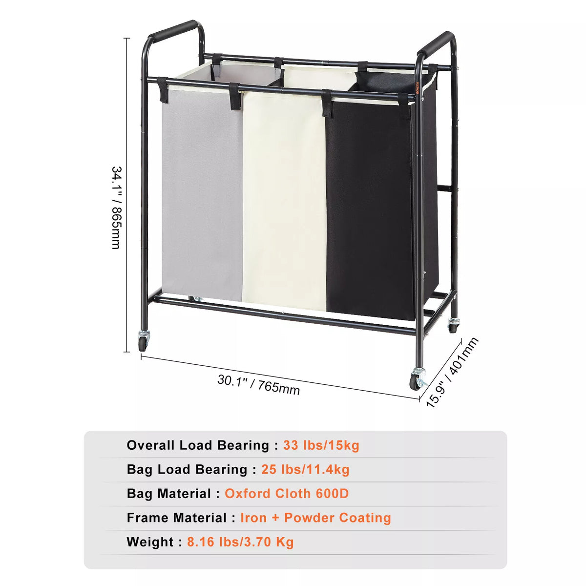 3-Section Laundry Sorter Cart with Wheels and Removable Bags