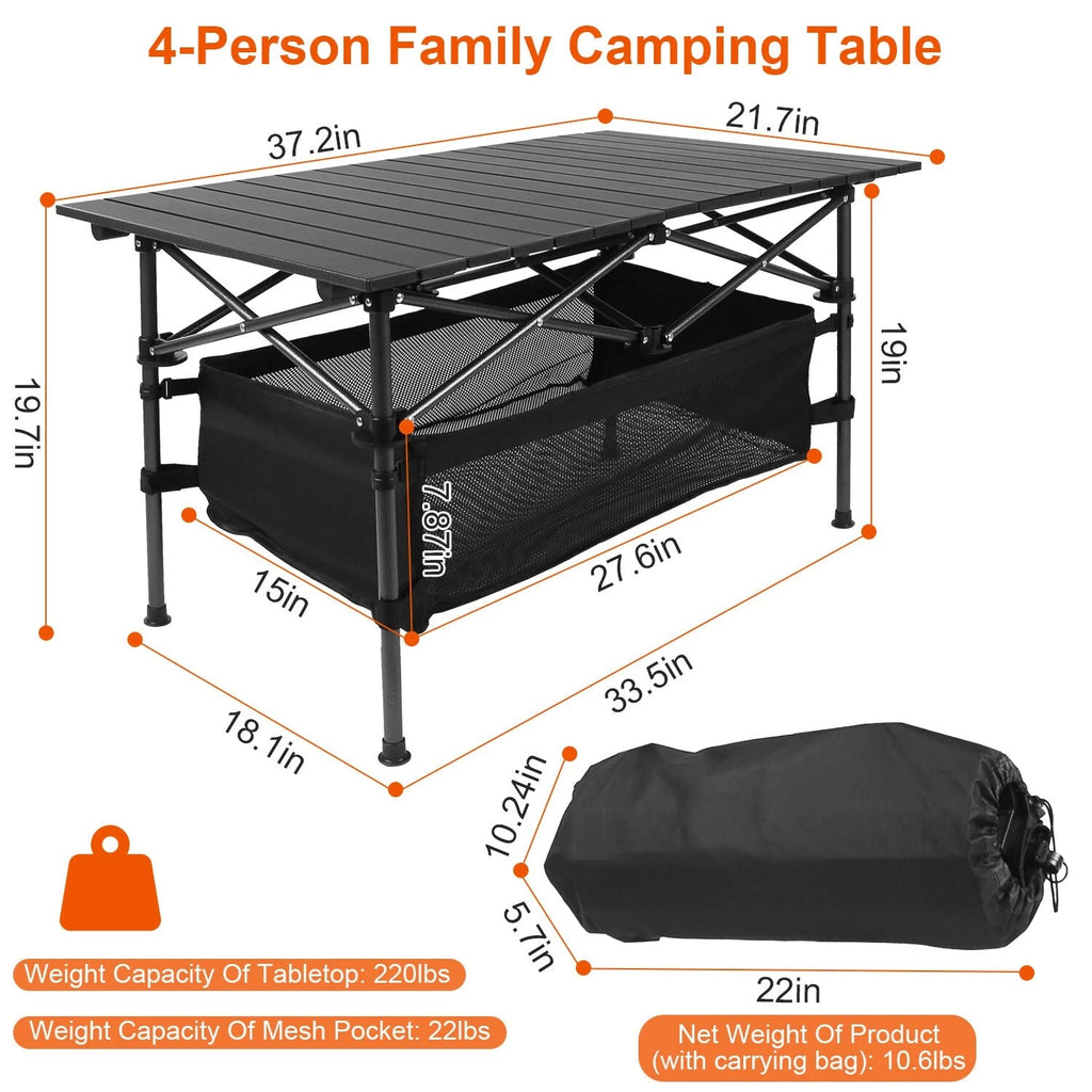 Folding Camping Table with Aluminum Top & Storage Basket Lightweight