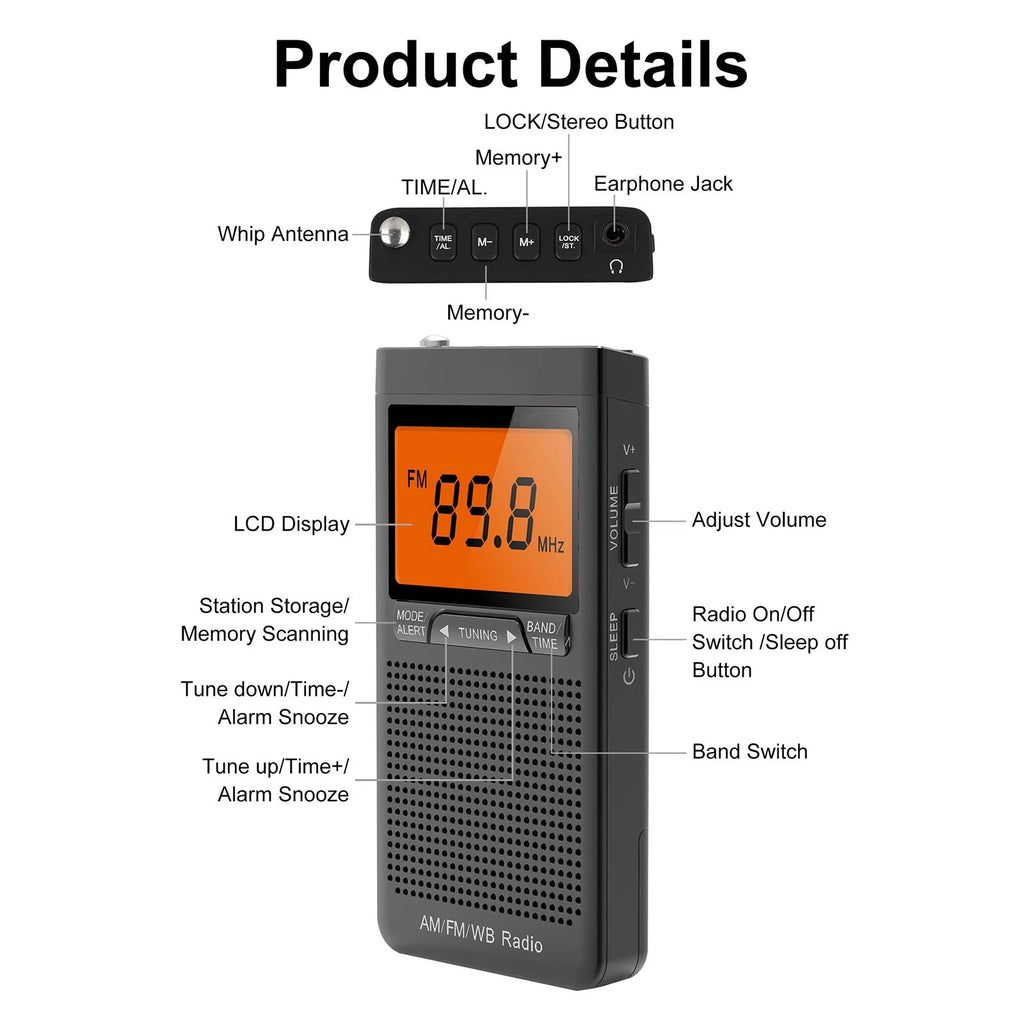 Pocket NOAA AM FM Weather Alert Radio with Auto Search Alarm Clock