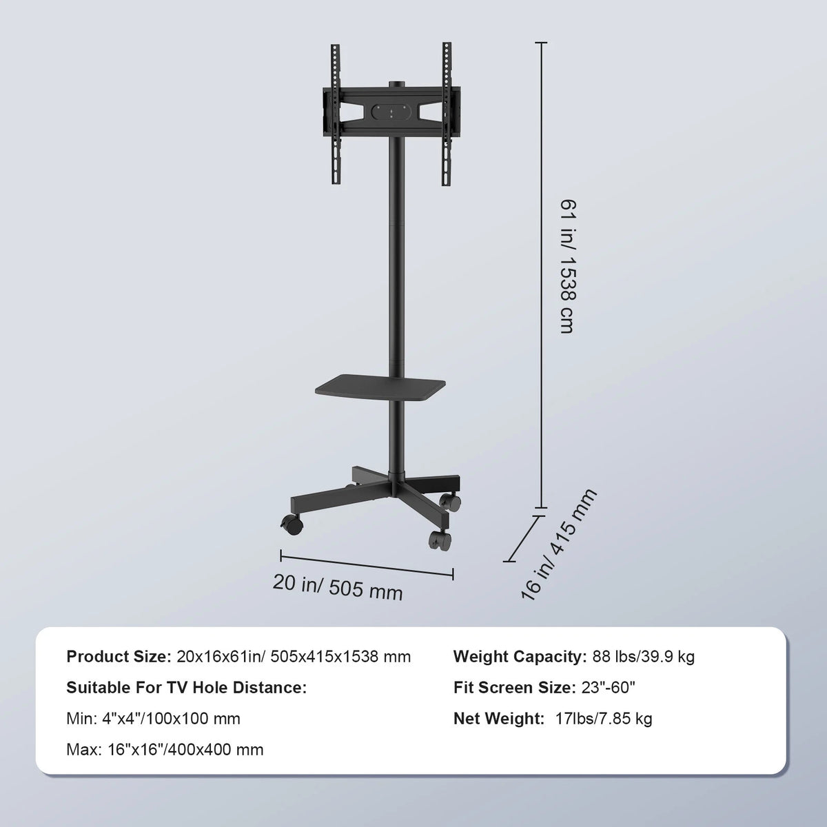 Mobile TV Stand with Tray and Locking Wheels for 23–60 Inch TVs