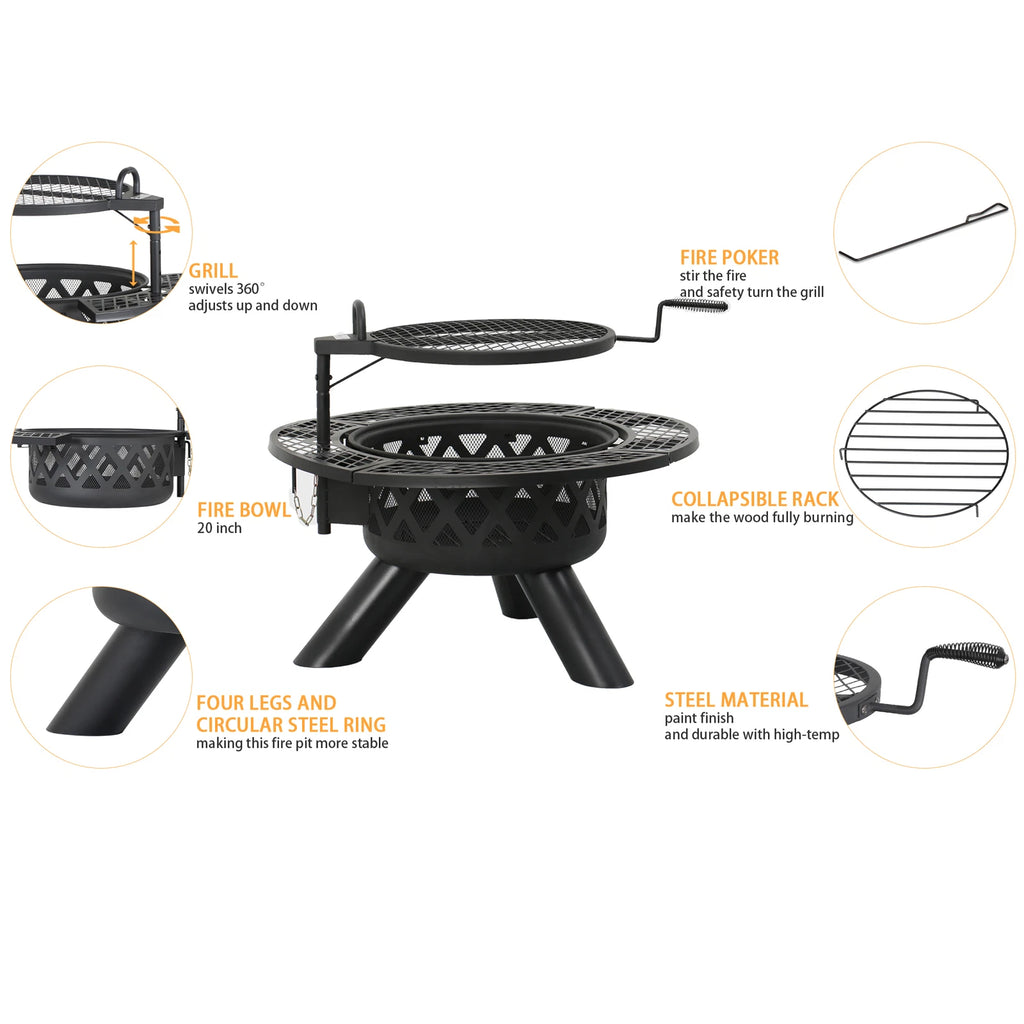 Outdoor Wood Fire Pit 32 Inch BBQ Grill Swivel Cooking Patio Heater