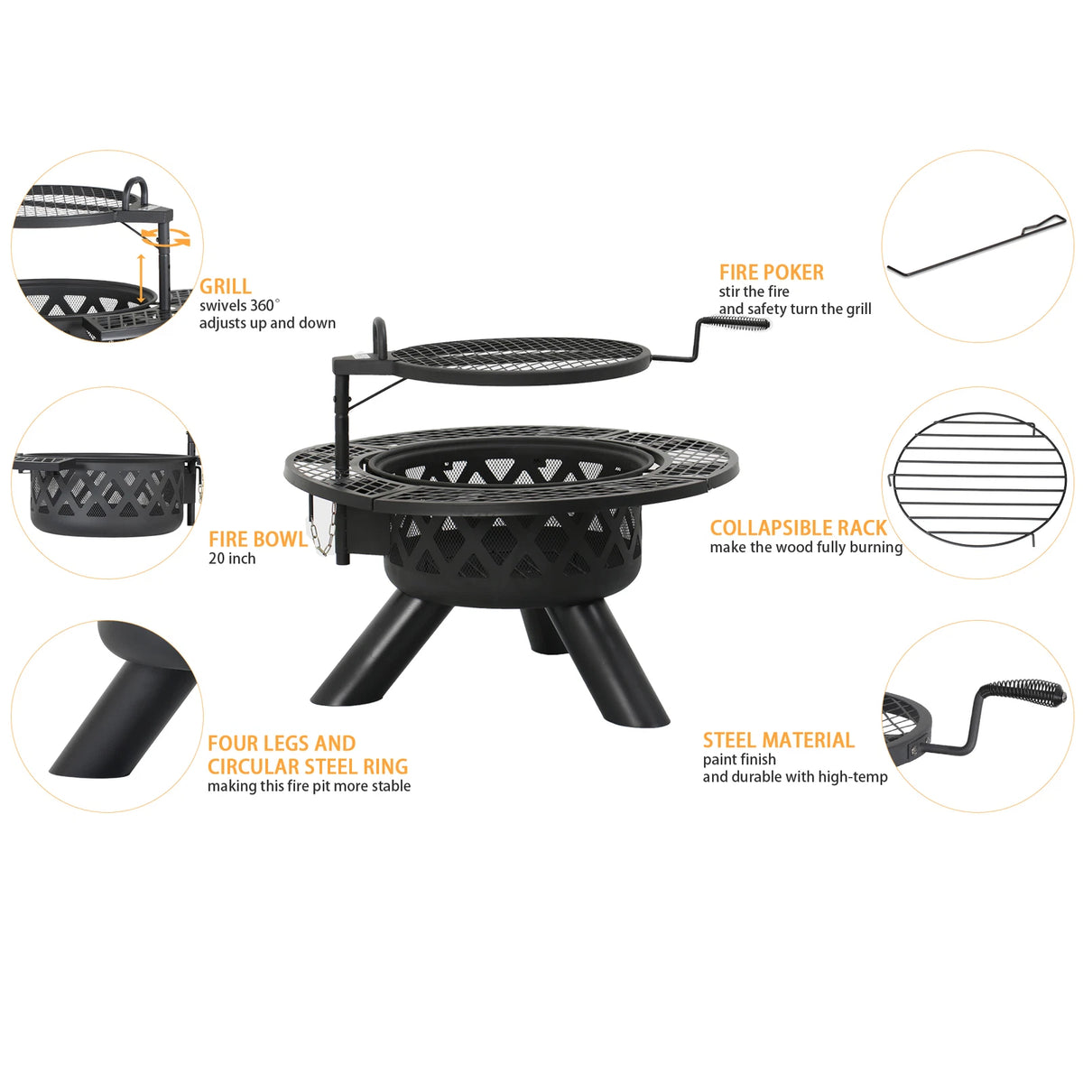 Outdoor Wood Fire Pit 32 Inch BBQ Grill Swivel Cooking Patio Heater