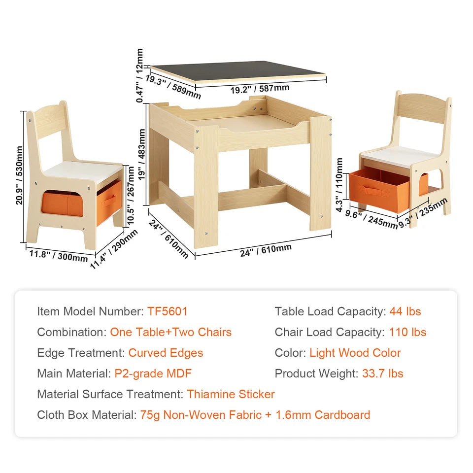 Kids Wooden Table and Chair Set with Chalkboard & Storage Bins