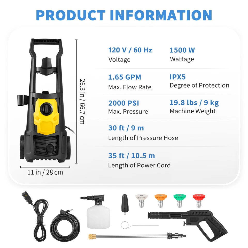 2000PSI Electric Pressure Washer with 5 Nozzles 30ft Hose 1.65GPM