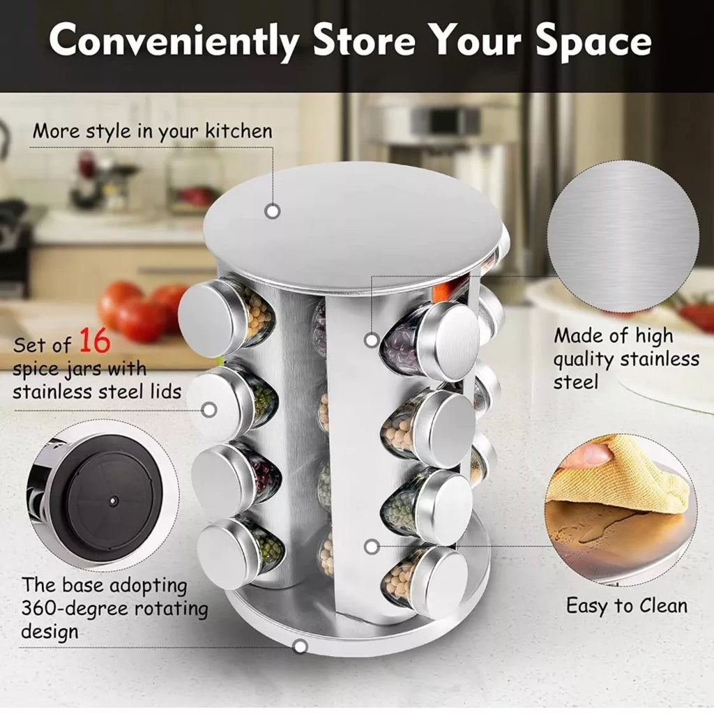 16 Jar Rotating Spice Rack Organizer with Glass Jars and Label Set