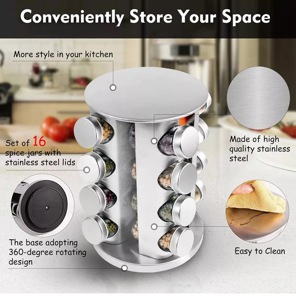 16 Jar Rotating Spice Rack Organizer with Glass Jars and Label Set