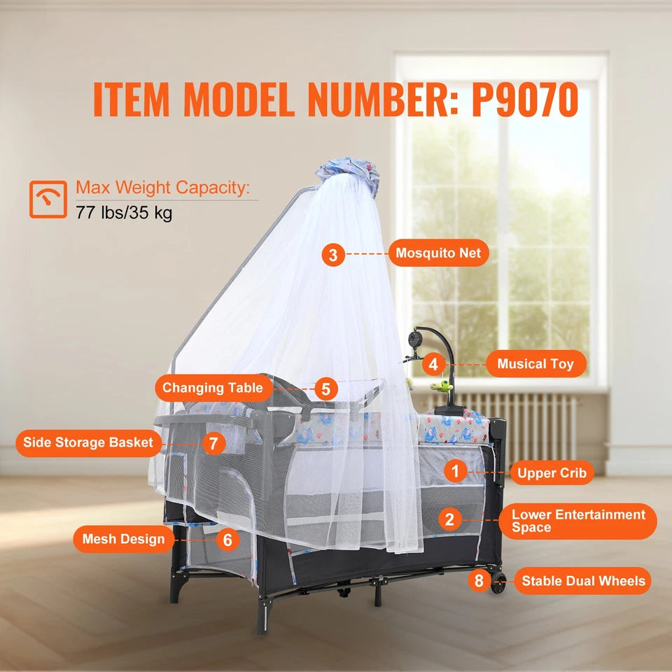 Foldable Baby Bassinet with Changing Table, Storage & 77 lbs Capacity