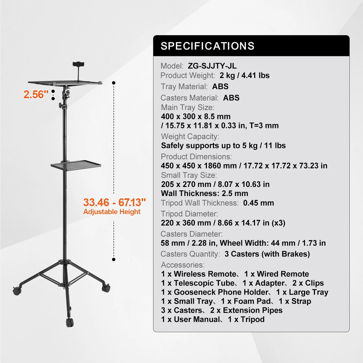 Adjustable Projector Stand with Laptop Tray and Wheels for Easy Mobility