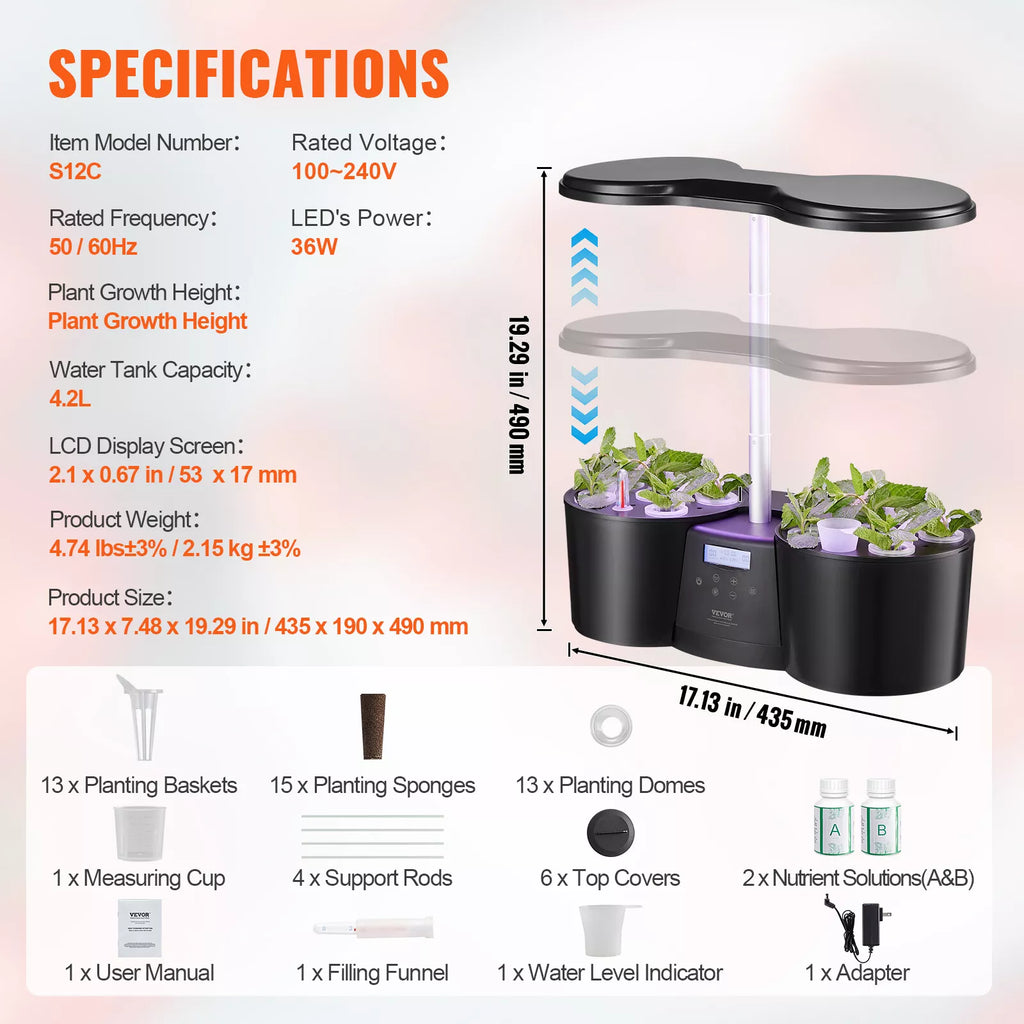 12-Pod Indoor Hydroponic Growing System LED Light & LCD Display