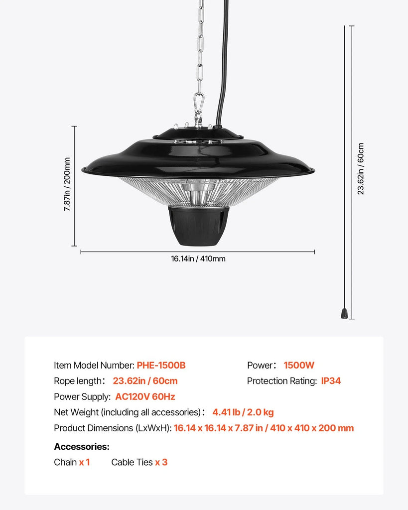 1500W Infrared Hanging Patio Heater Outdoor Ceiling Mount Warmth
