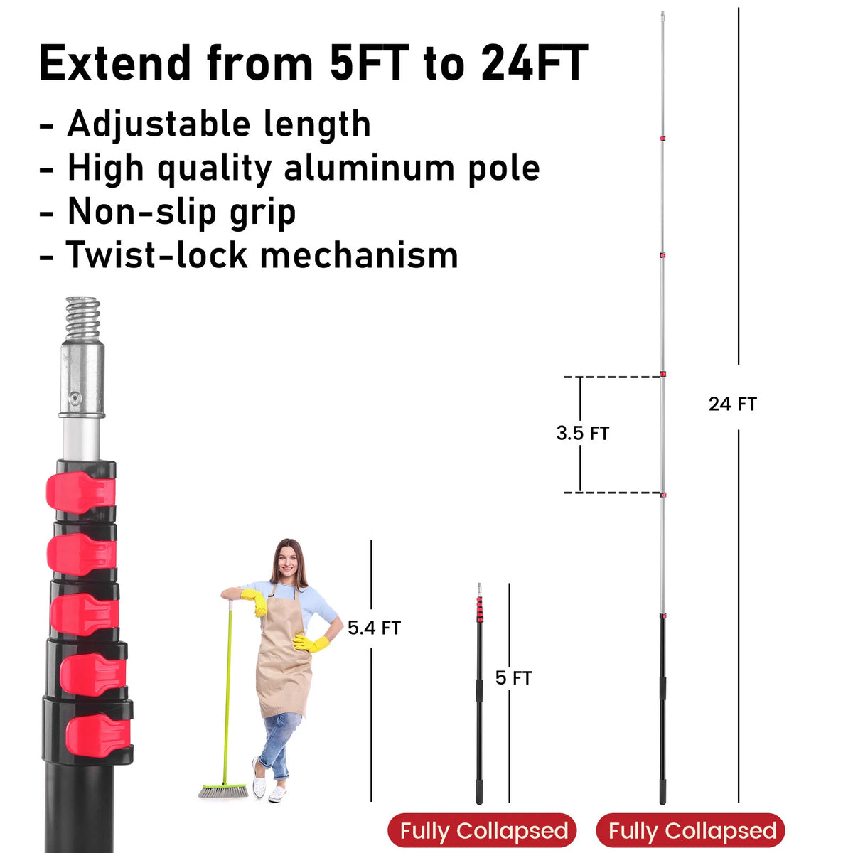 5-24 Ft Telescoping Extension Pole for High Reach Cleaning Painting
