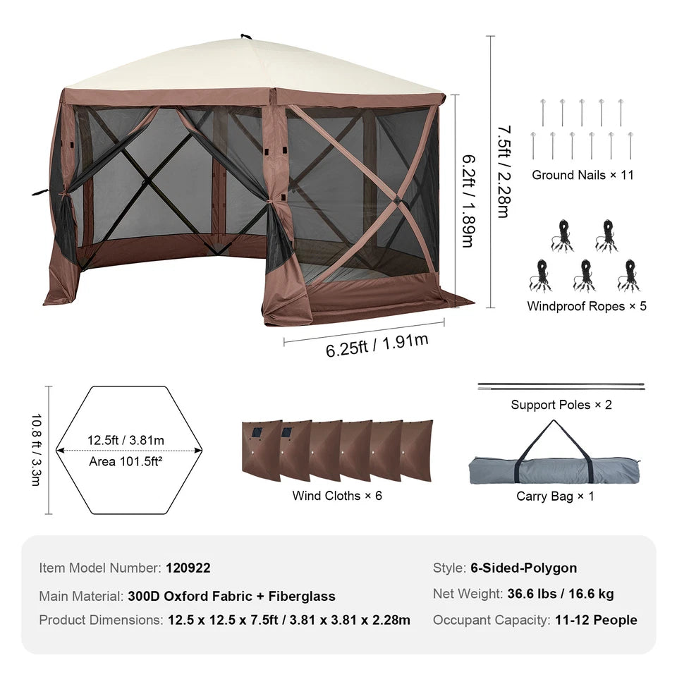 12.5x12.5 FT Pop-Up Camping Gazebo Tent with Mesh and Wind Panels