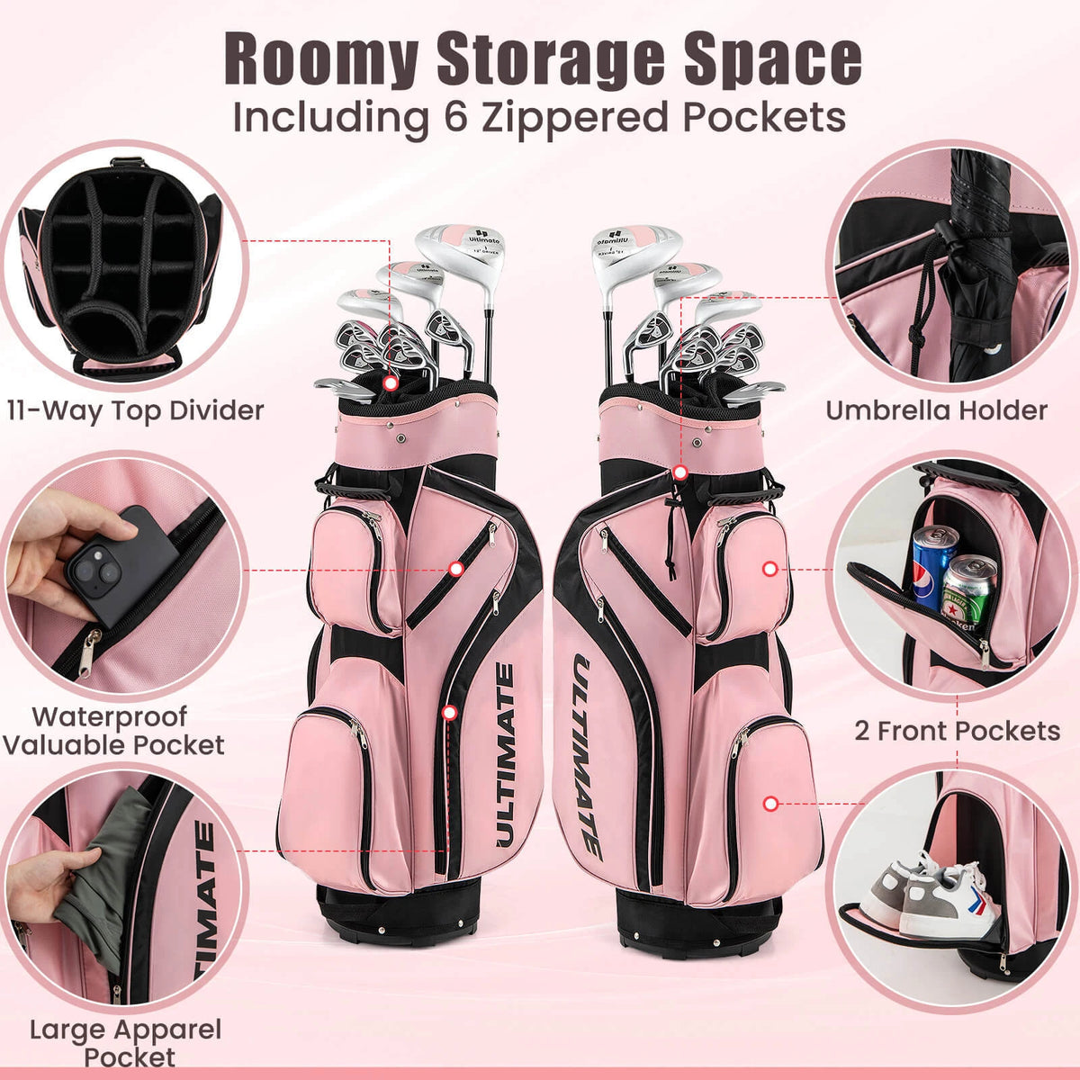 Women’s 10-Piece Golf Club Set with Stand Bag and Alloy Driver Pink