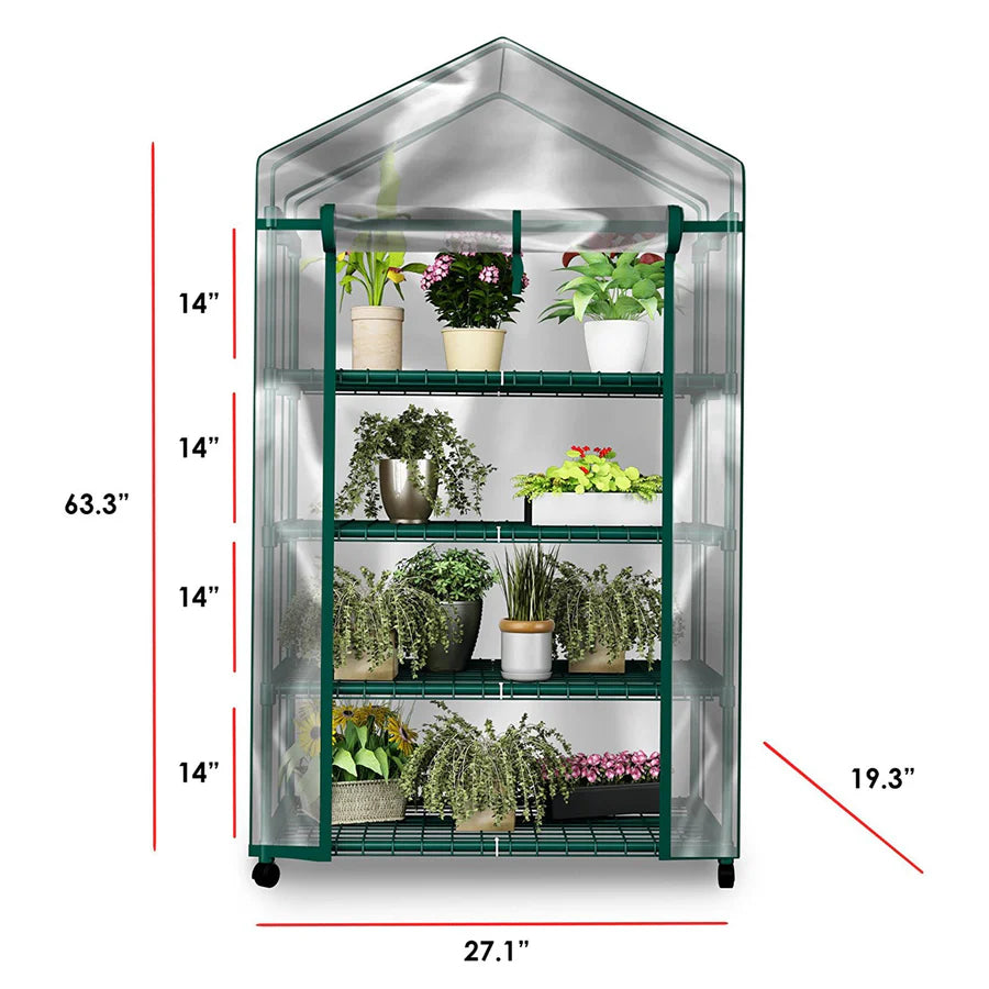 4-Tier Portable Mini Greenhouse with Locking Wheels & PVC Cover