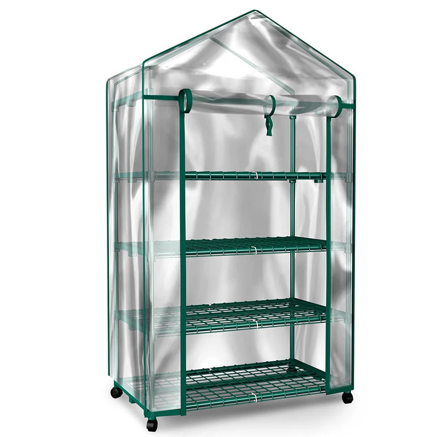 4-Tier Portable Mini Greenhouse with Locking Wheels & PVC Cover