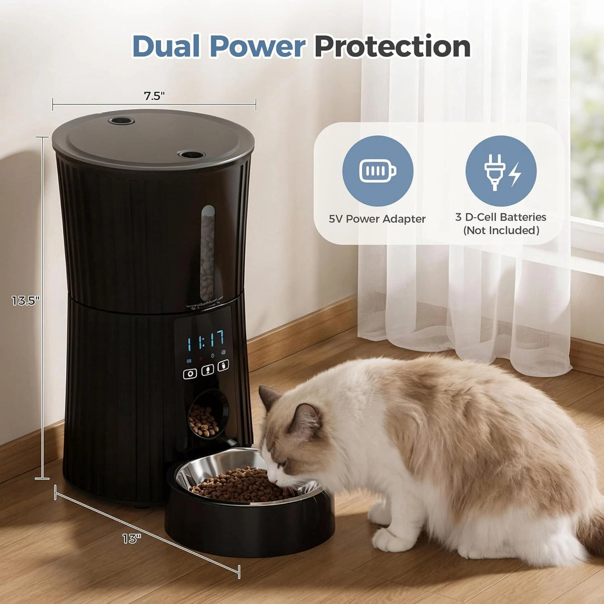 Automatic cat feeder with dual power protection and battery backup