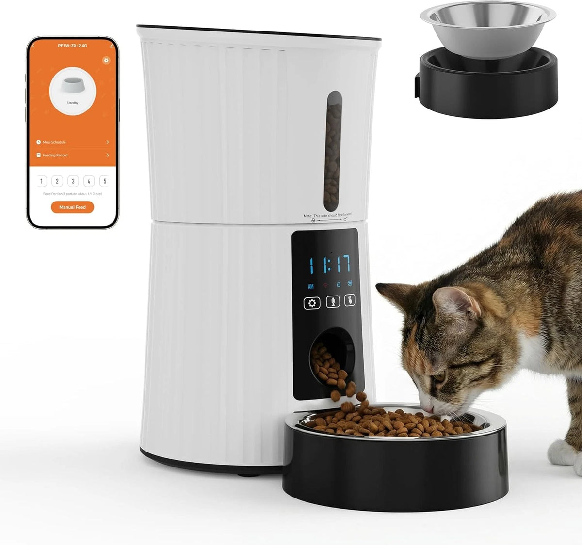 Automatic pet feeder with stainless steel bowl dispensing dry cat food