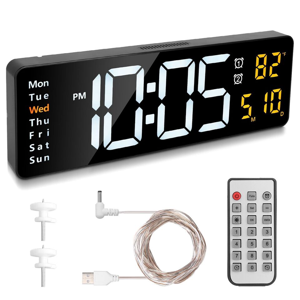 15.7" LED Digital Wall Clock w/ Remote Controller & Temperature Sensor