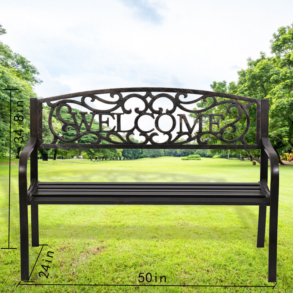 50" Patio Garden Bench Outdoor Furniture Steel Frame Porch Chair Bronze