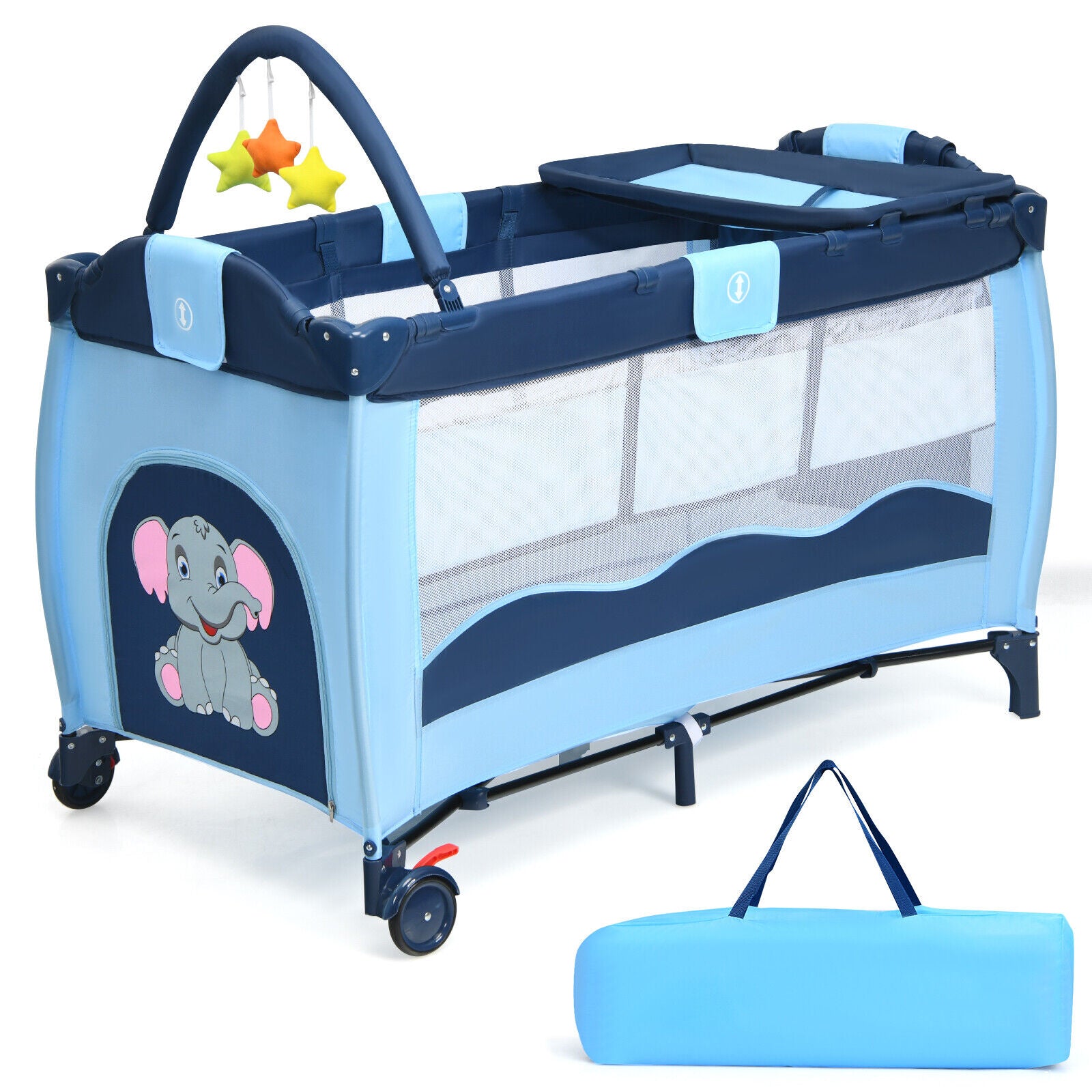 Foldable Baby Crib Playpen with Infant Bassinet Bed Playard Pack Blue