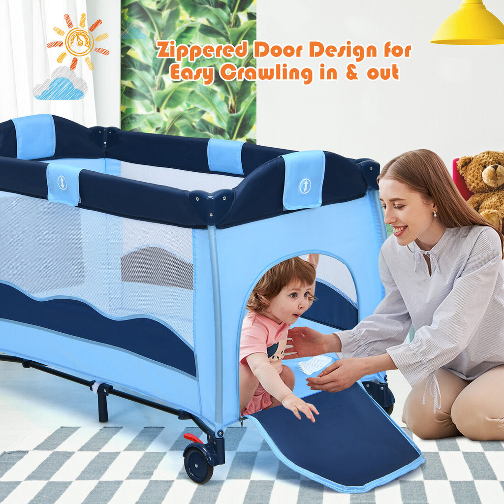Foldable Baby Crib Playpen with Infant Bassinet Bed Playard Pack Blue