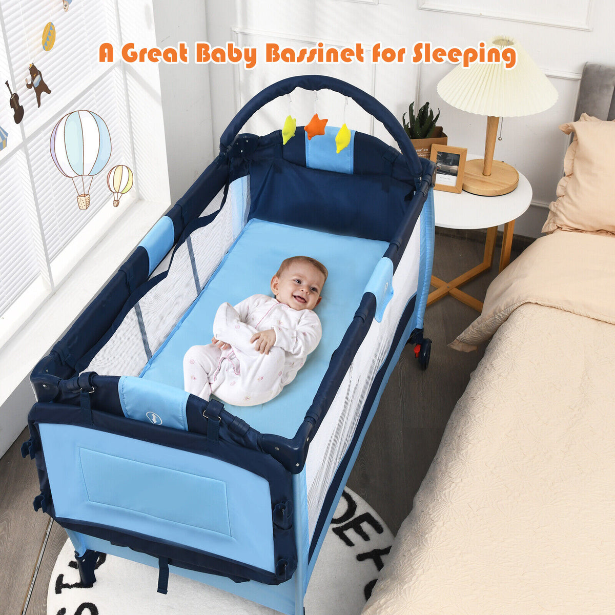 Foldable Baby Crib Playpen with Infant Bassinet Bed Playard Pack Blue