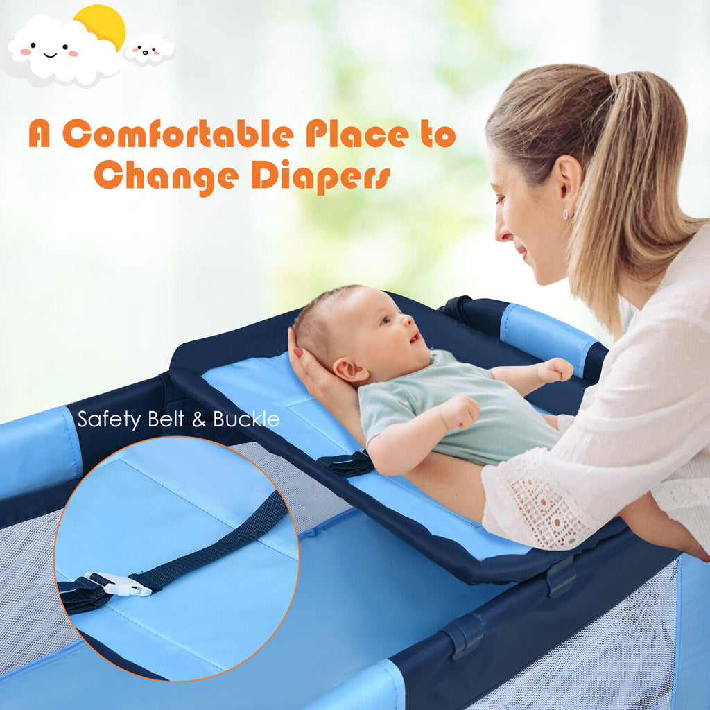 Foldable Baby Crib Playpen with Infant Bassinet Bed Playard Pack Blue