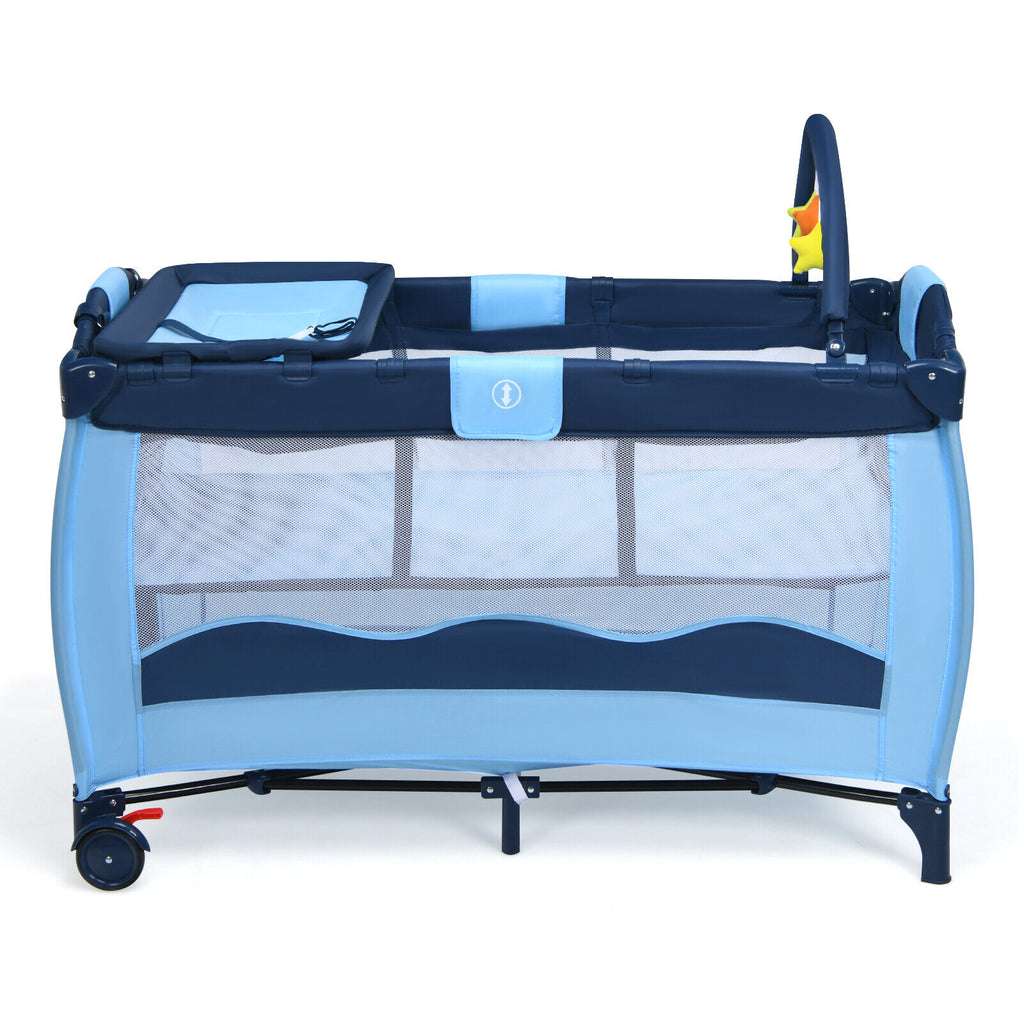 Foldable Baby Crib Playpen with Infant Bassinet Bed Playard Pack Blue