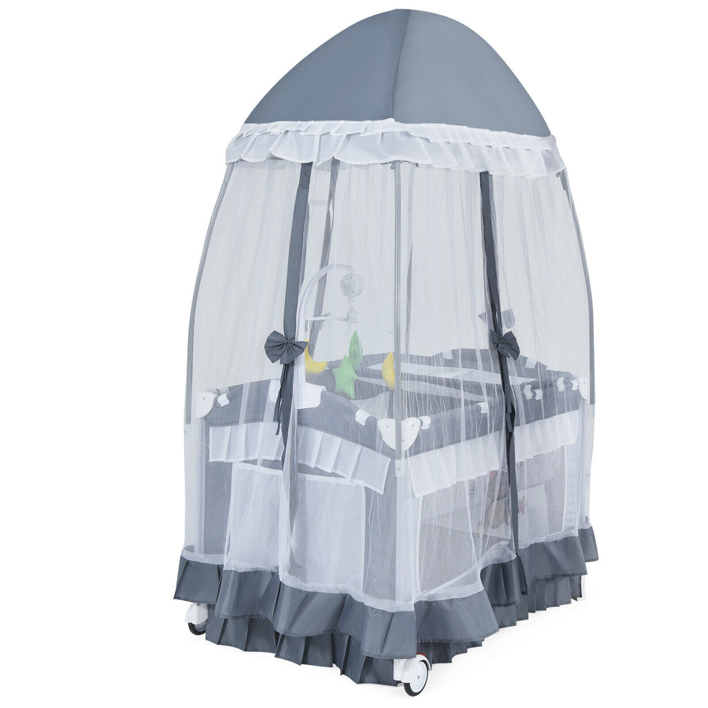 4-in-1 Baby Playard Crib with Bassinet Bed Table Canopy and Music Box