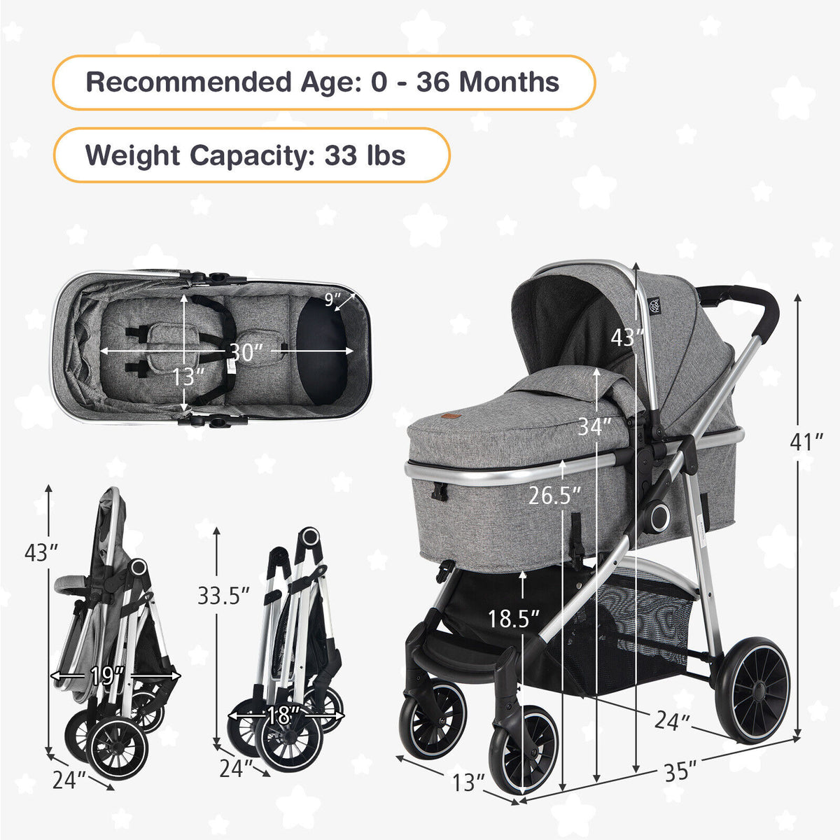 2-in-1 Baby Stroller Convertible High Landscape Pram Reversible Seat